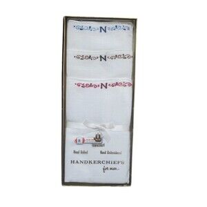 3 NIB Towncraft VTG Handkerchiefs Hand Rolled Embroidered Cotton "N" Rockabilly